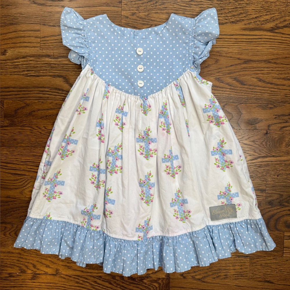 Eleanor Rose Girls Blue and White Polka Dot Blessings Gigi Dress Size 4-5